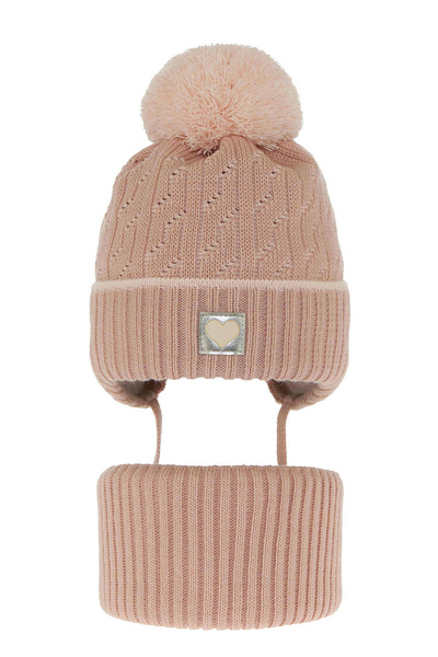 Girl's winter set: hat and tube scarf pink Natka with pompom