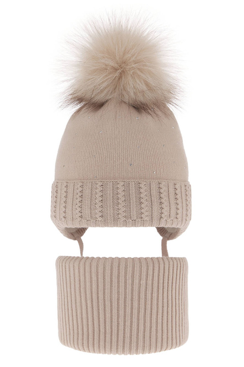 Girl's winter set: hat and tube scarf beige with pompom Renia