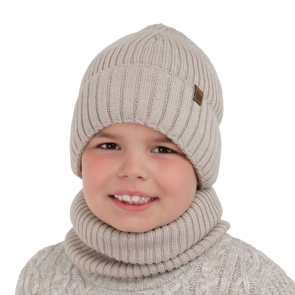 Boy's winter set: hat and tube scarf beige merino wool Metis