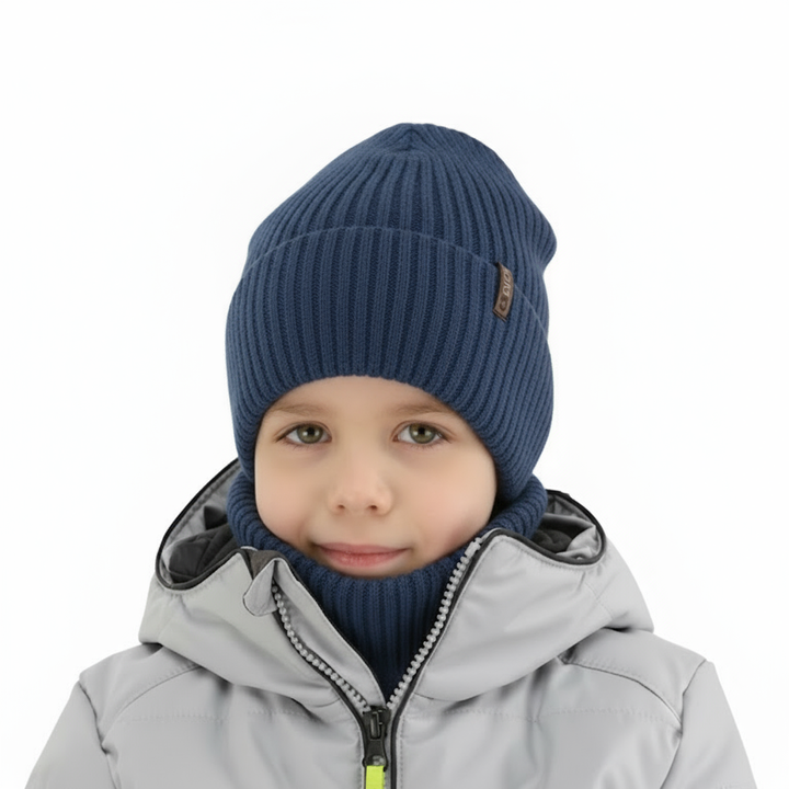 Boy's winter set: hat and tube scarf, blue, 100% merino wool, Gizmo