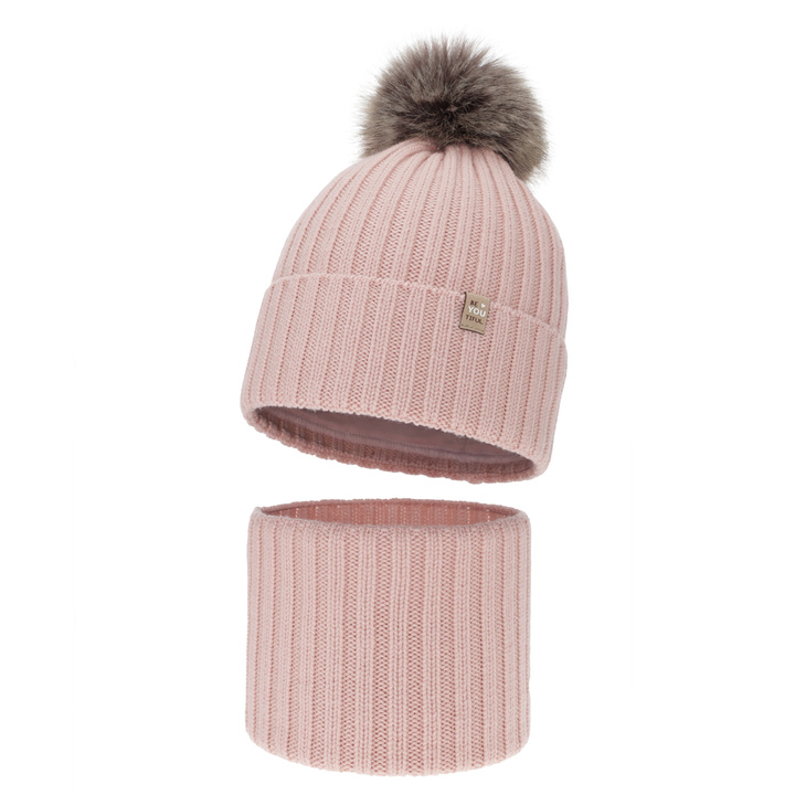 Girl's winter set: hat and tube scarf, 100% merino wool, cotton lining, with pompom, pink, Terida