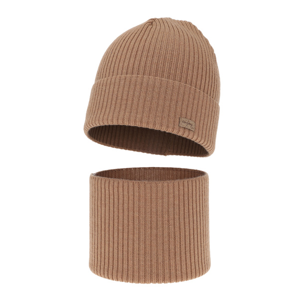 Boy's spring/ autumn set: hat and tube scarf camel 100% extra finemerino wool Intro