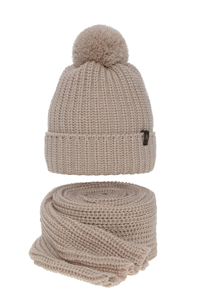 Woman's winter set: hat and scarf beige Lupita with pompom