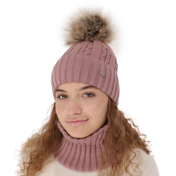 Girl's winter set: hat and tube scarf pink Felia with pompom