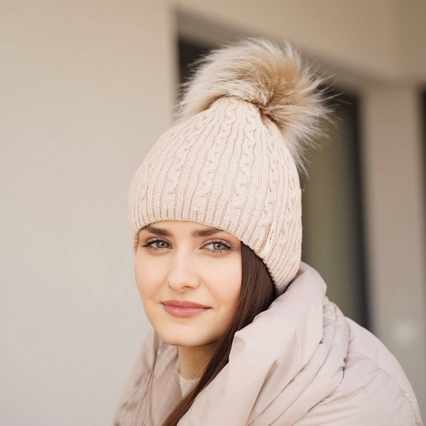 Woman's winter hat beige Xena with pompom