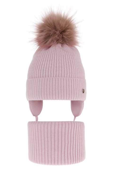 Girl's winter set: hat and tube scarf violet with pompom Debra