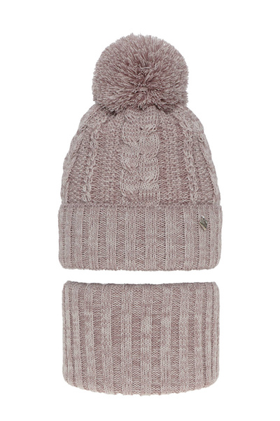 Girl's winter set: hat and tube scarf pink Maroko with pompom