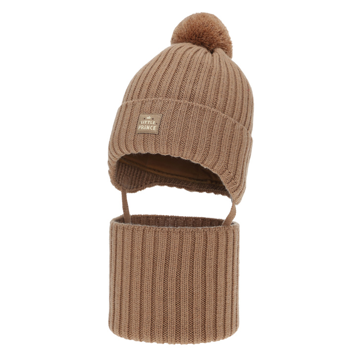 Boy's winter set: hat and tube scarf, camel, 100% merino wool, cotton lining, with ears, Masil