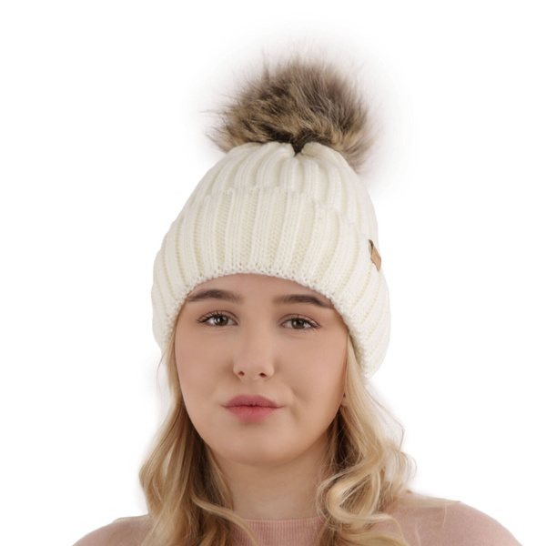 Woman's winter hat ecru Europa with pompom