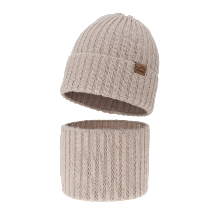 Boy's winter set: hat and tube scarf beige merino wool Karmin