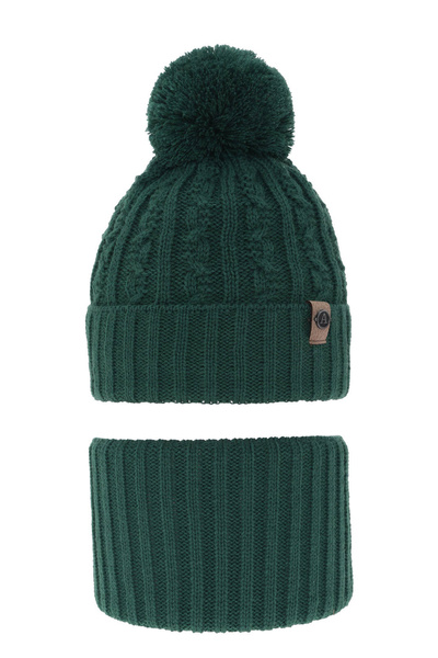 Boy's winter set: hat and tube scarf green with pompom Almond