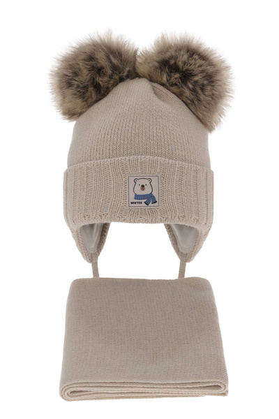 Boy' s winter set: hat and scarf beige with two pompoms Jewel