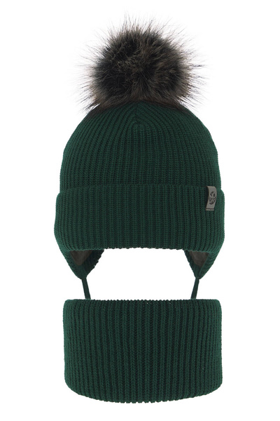 Boy's winter set: hat and tube scarf green Honed with pompom