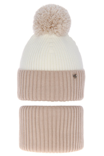 Girl's winter set: hat and tube scarf beige Kolumbina with pompom   