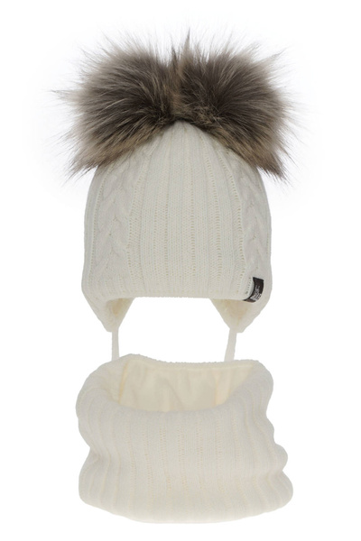 Girl's winter set: hat and tube scarf ecru Marlen with two pompom