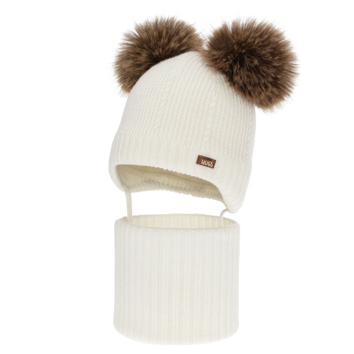 Boy's hat and snood, winter set, cream, 100% merino wool, lined with wool fleece, Lumio