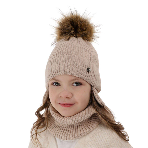 Girl's winter set: hat and tube scarf beige with pompom Debra