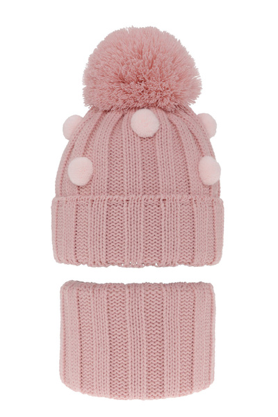 Girl's winter set: hat and tube scarf pink Hekate with pompom