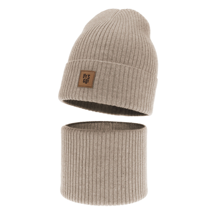 Boy's spring, autumn set: hat and tube scarf, beige, 100% merino wool, Vanto