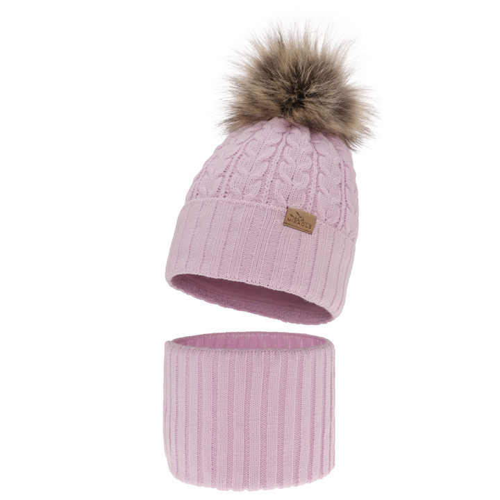 Girl's winter set: hat and tube scarf violet Tanzania with pompom
