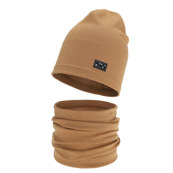 Boy's spring, autumn set: hat and tube scarf, camel, cotton, Trivon
