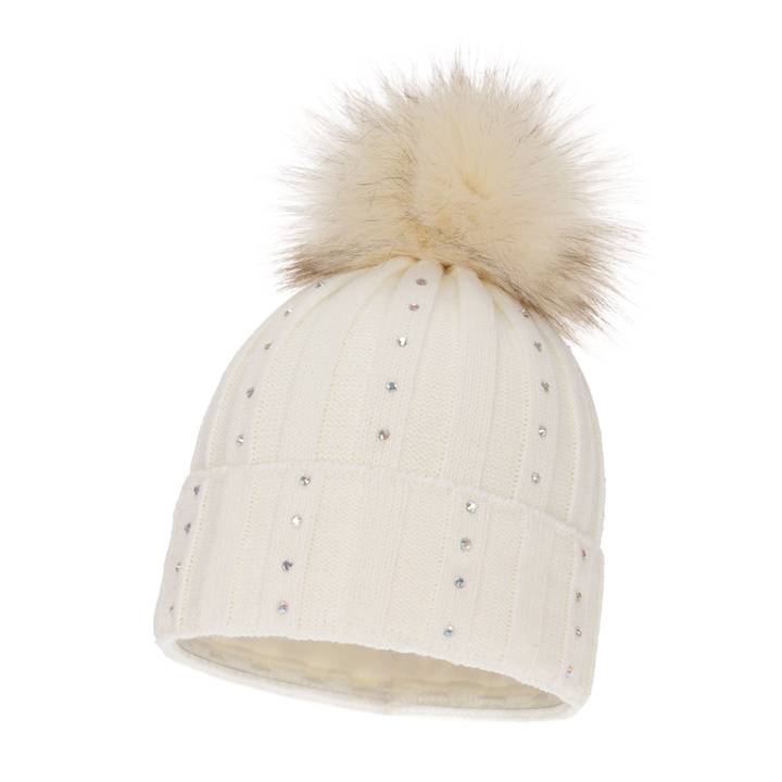 Woman's winter hat ecru Mada with pompom