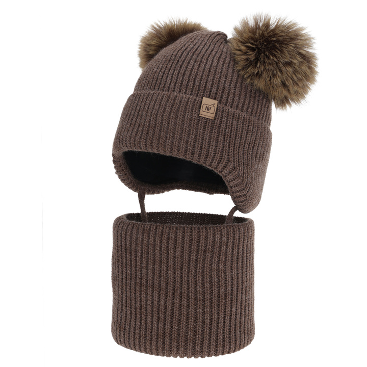 Boy's winter set: hat and tube scarf, brown, with two pompom, Zorven