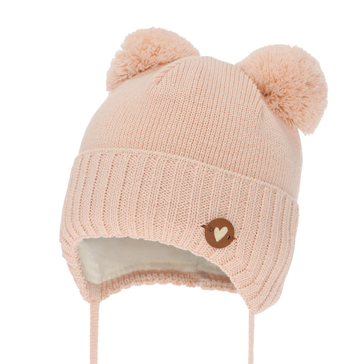 Girl's winter hat, peach, with ears, with merino wool, Mesyna