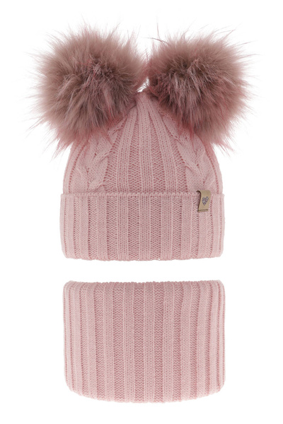 Girl's winter set: hat and tube scarf pink with two pompoms Amala