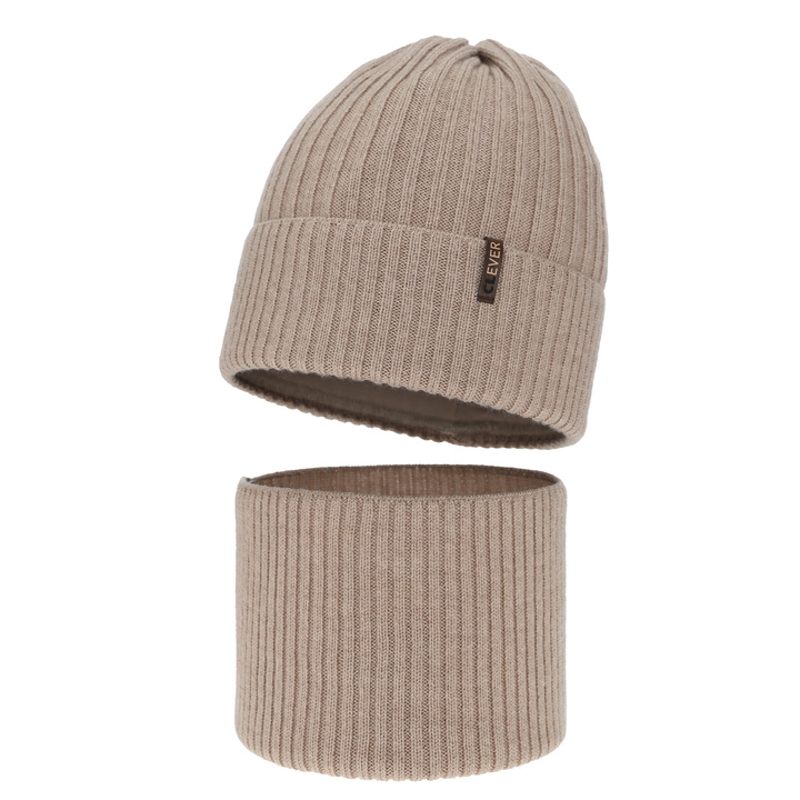 Boy's winter set: hat and tube scarf, beige, 100% merino wool, Gizmo