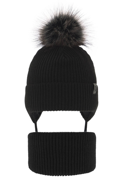 Boy's winter set: hat and tube scarf black Honed with pompom