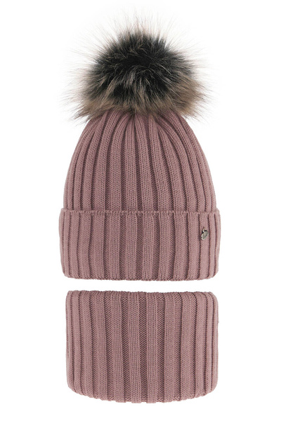 Girl's winter set: hat and tube scarf pink Wilma with pompom