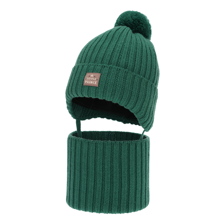 Boy's winter set: hat and tube scarf, emerald green, 100% merino wool, cotton lining, with ears, Masil