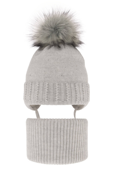 Girl's winter set: hat and tube scarf grey with pompom Renia