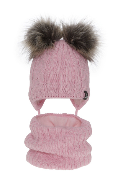 Girl's winter set: hat and tube scarf pink Marlen with two pompom