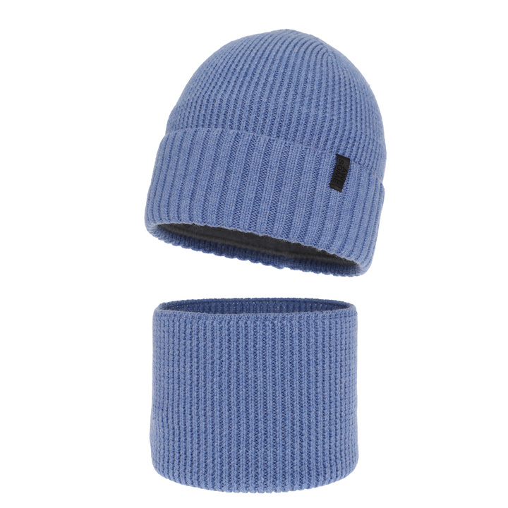 Boy's winter set: hat and tube scarf, 100% merino wool, with merino wool lining, blue Harbin