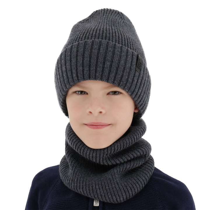 Boy's winter set: hat and tube scarf, 100% merino wool, with merino wool lining, grey Harbin