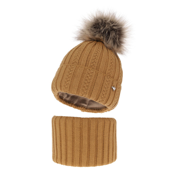 Girl's winter set: hat and tube scarf camel Wirginia with pompom