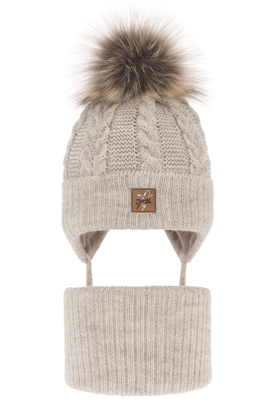 Girl's winter set: hat and tube scarf beige with pompom Finess