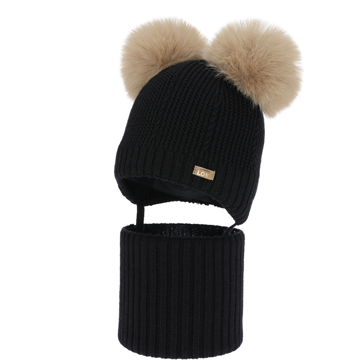 Girl's hat and tube scarf, winter set, black, 100% merino wool, lined with wool fleece, Lumia