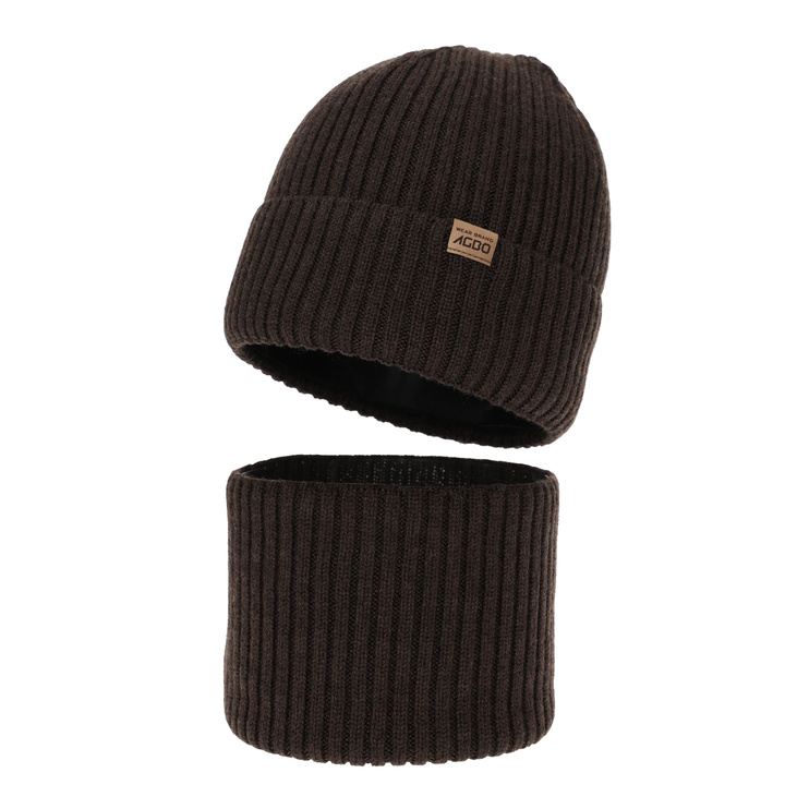 Hat and tube scarf for boy, winter set, 100% merino wool, with merino wool lining, brown, Domin