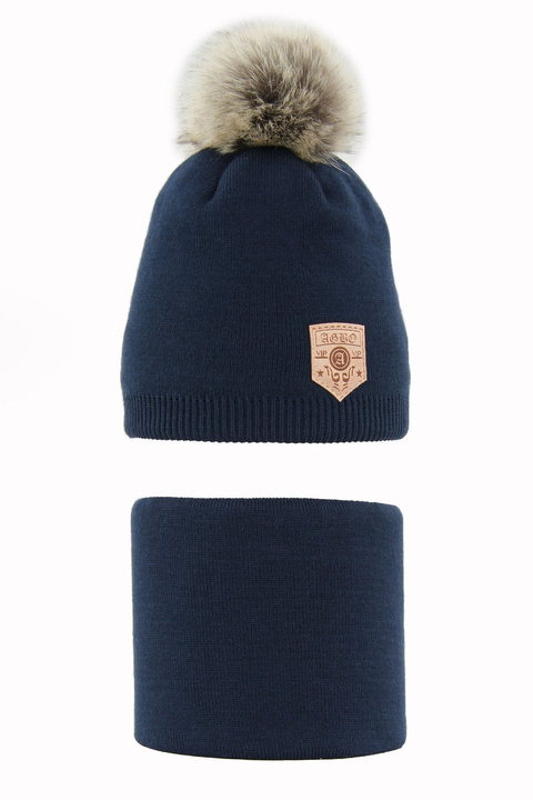 Boy's winter set: hat and tube scarf navy blue Apolin with pompom