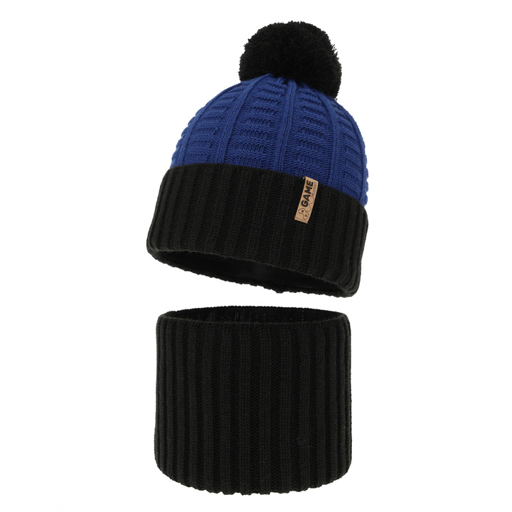 Boy's winter set: hat and tube scarf black with pompom Leo