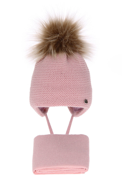 Girl's winter set: hat and scarf pink Aimi with pompom