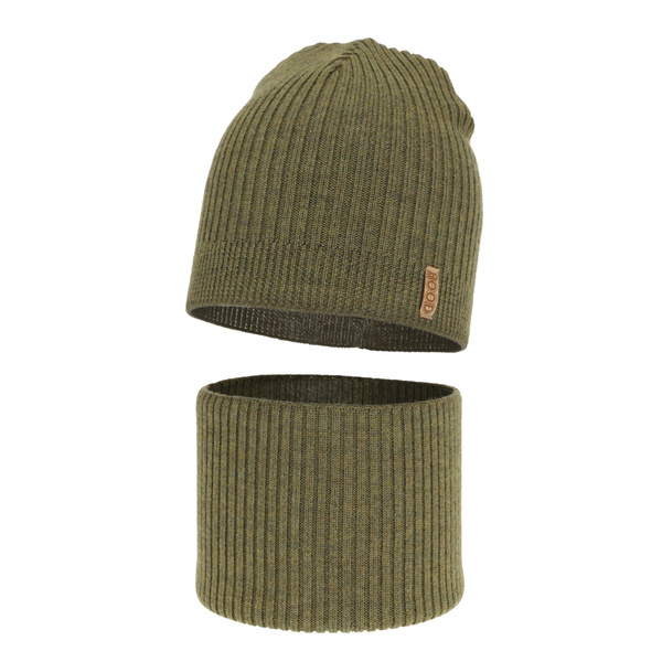 Boy's spring/ autumn set: hat and tube scarf khaki 100% extra finemerino wool Chester