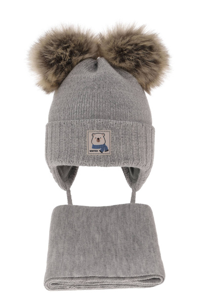 Boy' s winter set: hat and scarf grey with two pompoms Jewel