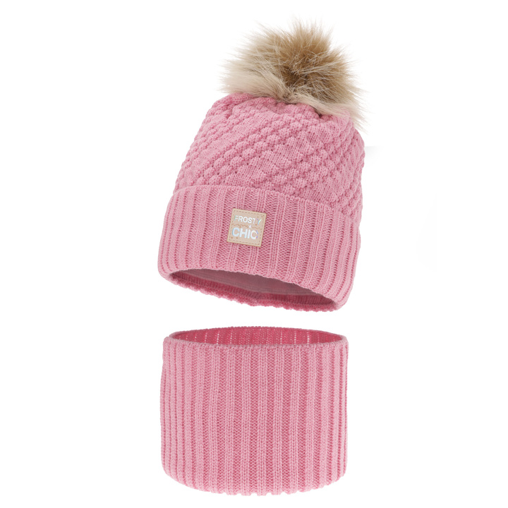 Girl's winter set: hat and tube scarf pink Alena with pompom