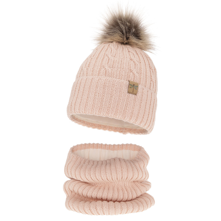 Girl's winter set: hat and tube scarf pink merino wool Aprilia