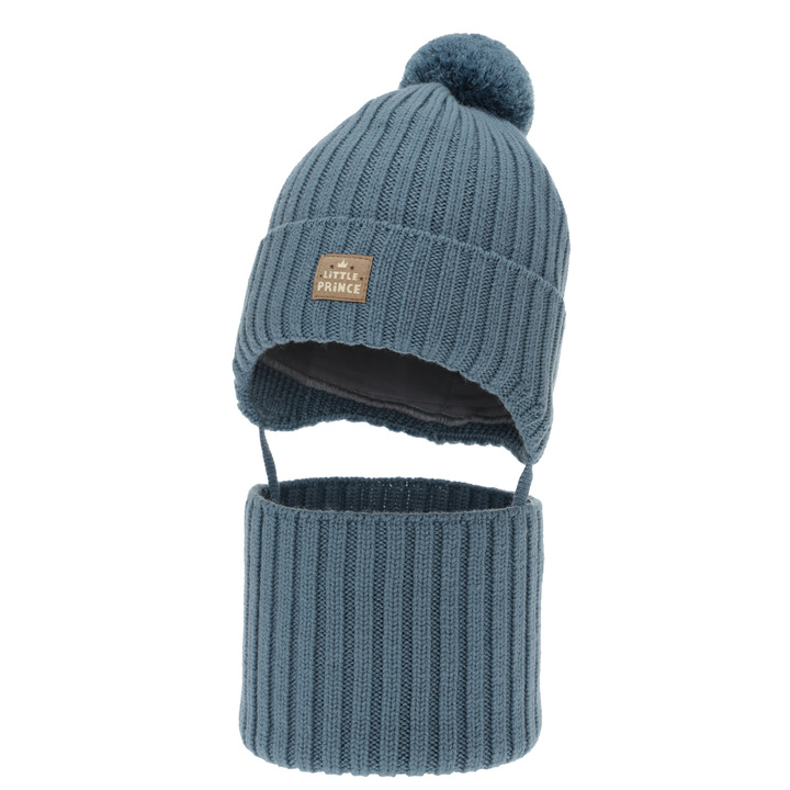 Boy's winter set: hat and tube scarf, blue, 100% merino wool, cotton lining, with ears, Masil