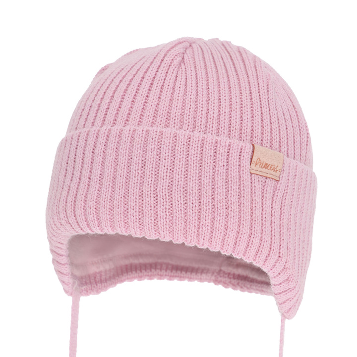 Girl's winter hat, pink, with ears, with merino wool, Punia